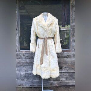 Vintage Long Off White Belted Rabbit Fur Princess Coat~M~